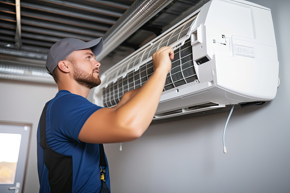 Male technician cleaning air conditioner